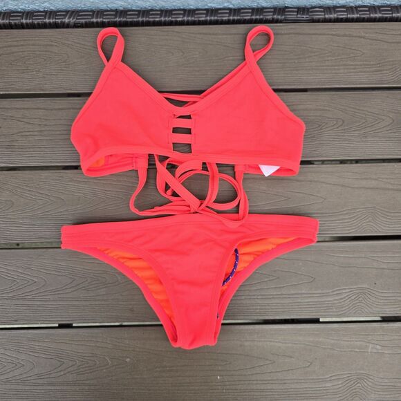 TYR Womens Solid Orange Pacific Crosscut Tie Back & Micro Bikini Sz S New Sample - Picture 1 of 4